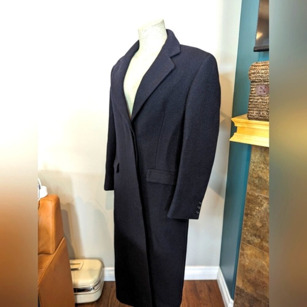 Harry Rosen Crombie Scotland pure virgin wool trench coat black/blue weave Sz M - Picture 2 of 16